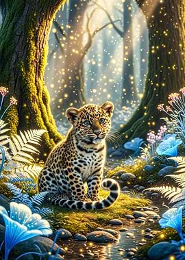 Leopard cub in magical forest