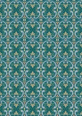 Floral Damask Pattern in Teal and Gold