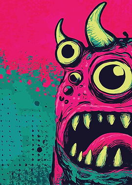 Cartoon Monster with Horns and Big Eyes