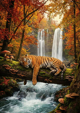 Resting Tiger by Waterfall in Autumn