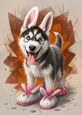 Husky Puppy with Bunny Slippers and Ears