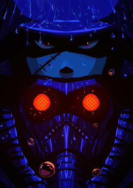 Blue Masked Figure with Red Eyes