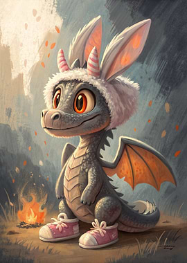 Dragon with Bunny Hat and Sneakers