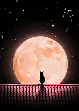 Cat on Roof Watching the Moon