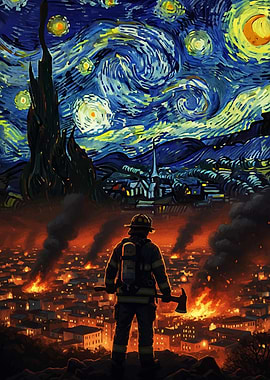 Firefighter Burning City Starry Night