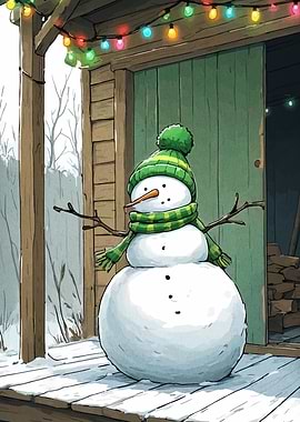 Cartoon Snowman with Green Hat and Scarf