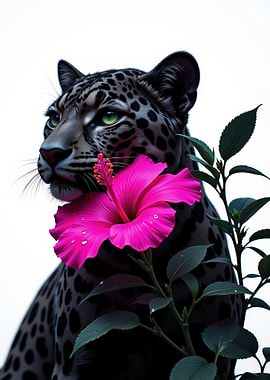 Leopard with Hibiscus Flower Portrait