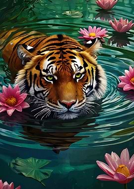 Tiger in Water with Lotus Flowers