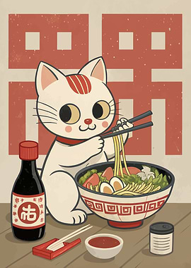Cat eating ramen with chopsticks
