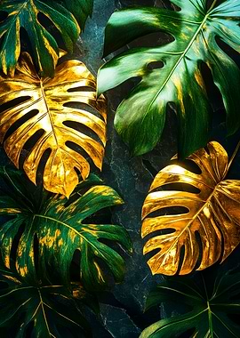 Golden and Green Monstera Leaves