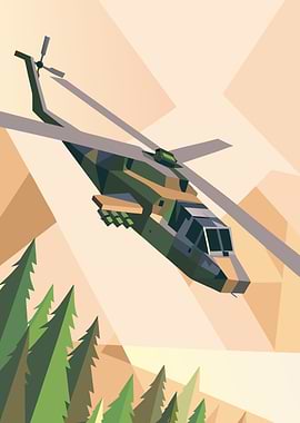 Low-Poly Military Helicopter Over Forest