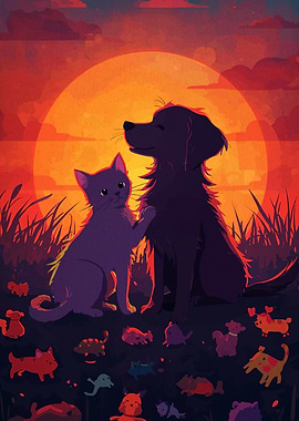 Cat and Dog Sunset Illustration