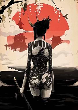 Tattooed Oni Woman in Japanese Landscape