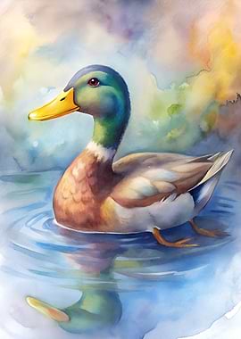Watercolor Duck on Water