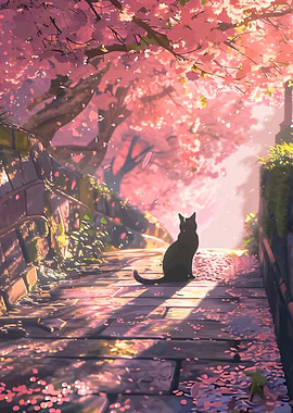 Black cat under cherry blossom tree