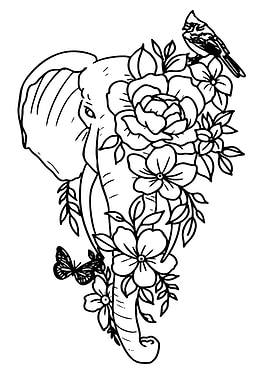 Elephant with Floral and Bird Outline