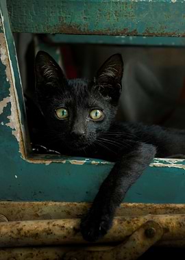 Black Kitten Portrait on Rustic Chair