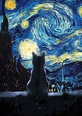 Cat Starry Night Painting
