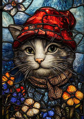 Stained Glass Cat with Red Hat