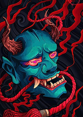 Blue Oni Mask with Red Accents