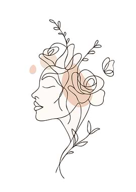Line Art Woman with Roses