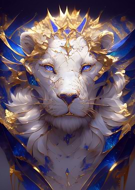 Majestic Lion Portrait with Gold and Blue