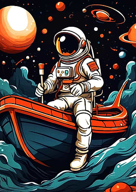 Astronaut Boat Among Planets