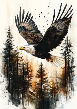 Bald Eagle Soaring Over Forest Watercolor