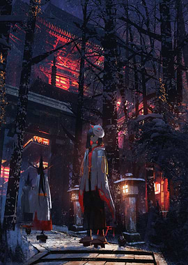 Snowy Shrine with Masked Figure
