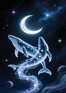 Celestial Whales Under Crescent Moon