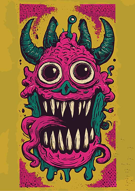 Cartoon Monster with Horns and Big Teeth
