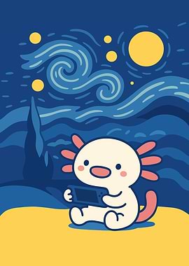 Axolotl Gaming Under Starry Night Sky