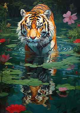 Tiger in Water with Lily Pads