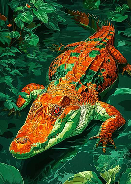 Orange Crocodile Lush Greenery