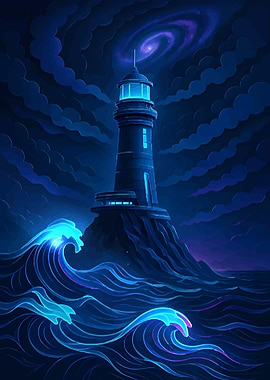 Lighthouse at Night with Galaxy View