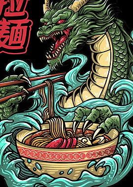 Dragon eating ramen illustration