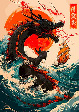 Japanese Dragon and Ship in Ocean
