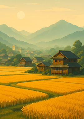 Japanese Village Landscape with Rice Fields