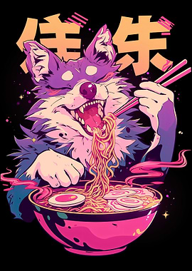 Anime Wolf Eating Ramen Illustration