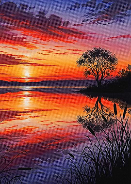 Sunset Lake Reflection Halftone