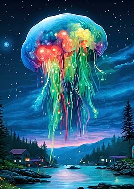 Colorful Jellyfish Over Lakeside Village