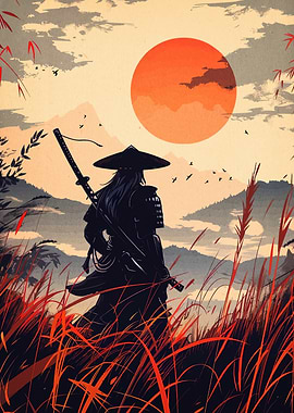 Samurai in Field with Rising Sun