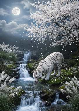 White Tiger Drinking from Waterfall