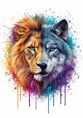 Lion and Wolf Watercolor Portrait
