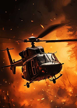 Helicopter Fiery Landscape