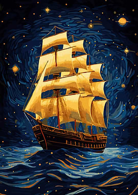 Sailing Ship Starry Night Style