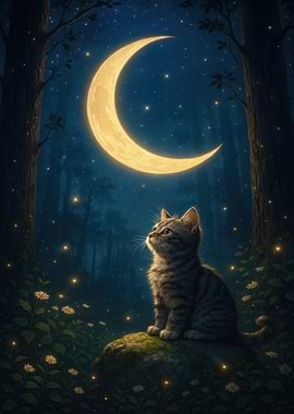 Cat Gazing at Moonlit Night