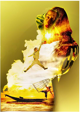 Surreal Composite Image with Woman and Fisherman