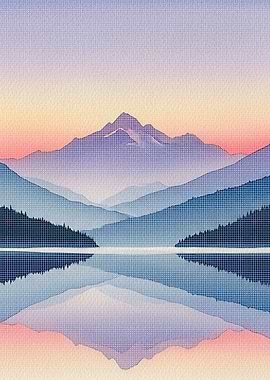 Mountain Lake Reflection Watercolor Landscape