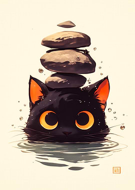 Zen Cat with Stacked Stones